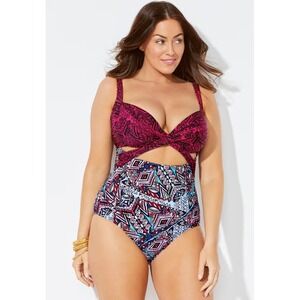 NEW Swimsuits For All Swimsuit Cut Out Underwire One Piece Aztec 14 Swim Beach